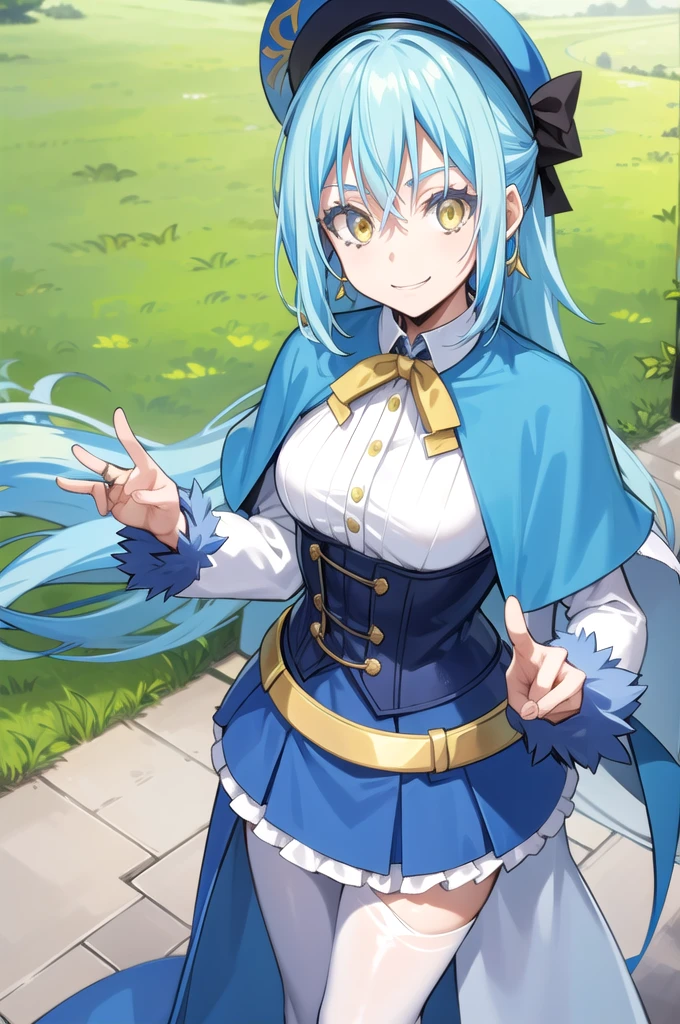 Rimuru Tempest,1girl,solo,blue_hair,open_mouth,:D,long_hair,golden_eyes,smile,happy,jewelry, closed_mouth,earring,accessory,masterpiece,highly_detailed,medium_breasts,white_capelet,hat_bow,garden,outdoors, looking at viewer,long sleeves,pantyhose,corset,waving, standing,frilled skirt,