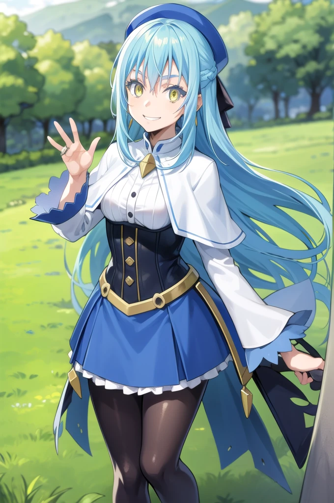 Rimuru Tempest,1girl,solo,blue_hair,open_mouth,:D,long_hair,golden_eyes,smile,happy,jewelry, closed_mouth,earring,accessory,masterpiece,highly_detailed,medium_breasts,white_capelet,hat_bow,garden,outdoors, looking at viewer,long sleeves,pantyhose,corset,waving, standing,frilled skirt,