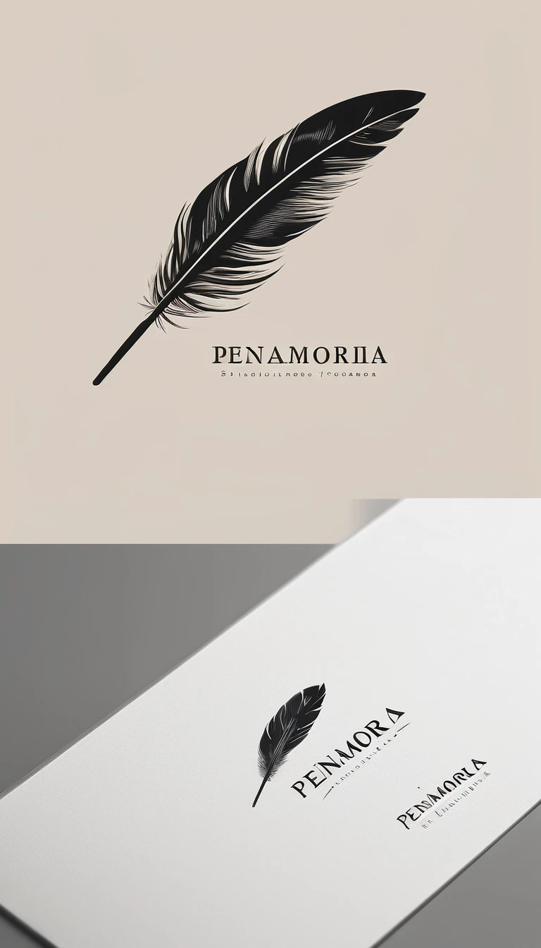 A minimal, modern, simple, cinematic logo design for the brand “Penamemoria". Create a modern, minimalistic, high-quality, logo of a bird feather