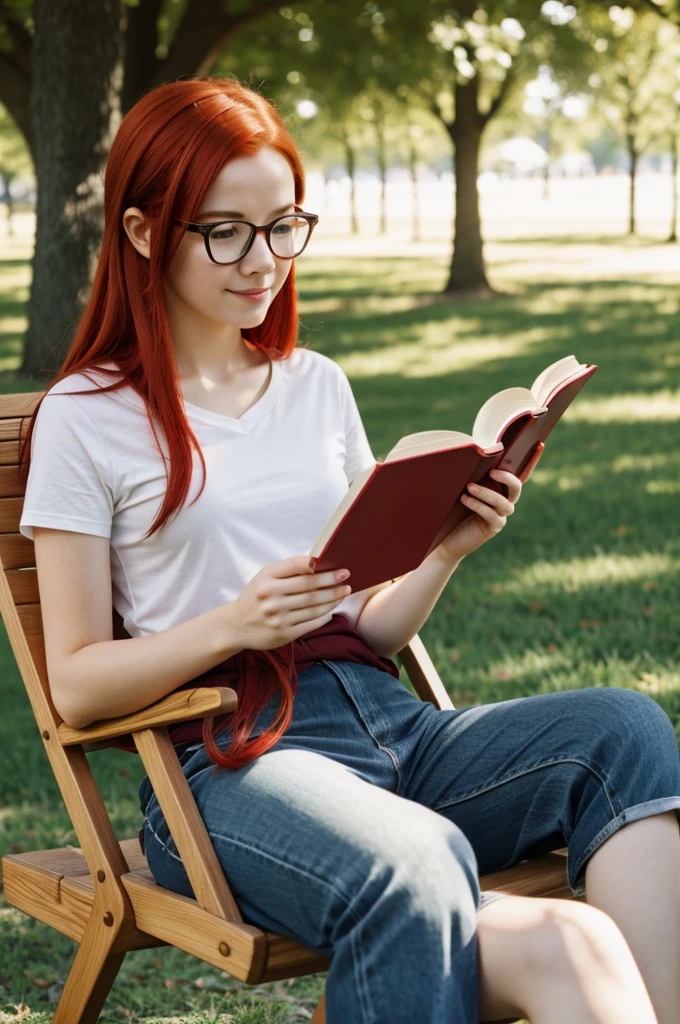 Girl with red hair wearing glasses, reading a book in the summer park