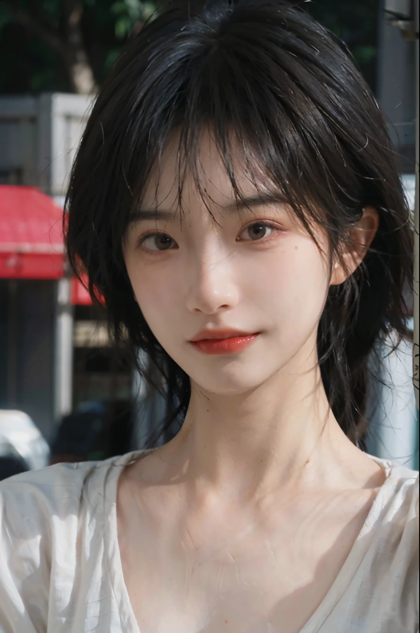 (Skin details:1.4), (smooth skin textures:1.3), Lipstick, background,海滩background, Direct vision, earrings, serene, calm, (Realistic and detailed eyes:1.2), Natural skin texture, Realistic facial details, Soft dramatic lighting, Vivid details, 35 mm film, outdoor, (Photo Practical:1.4), (hyper Practical:1.4), (Practical:1.3), (Smoother lighting:1.05), (Improve lighting quality:0.9), (Highest quality real skin textures:1.4), Exquisite eyes, Delicate face, Close-up of face, (Enhance the beauty of skin texture:1.1), Hair details, Vest,normal body ratio, short hair, Moles under the eyes, thinking, A faint smile,公园background,Portrait Photography, Depth of Field, Bokeh, Surrealism, Ray Tracing, (Portrait Photography:1.1), Surrealism, High Detail, Chiaroscuro, Ray Tracing, reflected light, Ultra HD, Ultra HD, masterpiece, Textured Skin, Super Detail, High Detail, high quality, best quality