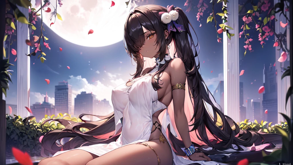 ((((Obra maestra, La mejor calidad, ultrahigh resolution)))), 1girl, standing,), ((long pure brown hair, hair over eye)), long hair cut, shiny skin, ((golden eyes)), glowing_eyes, neon eyes, (ultra detailed eyes:0.7, beautiful and detailed face, detailed eyes:0.9), ((centered)), smirk, facing viewer, ((vibrant background, dark lighting, summer, sunlight)), large chested, looking at viewer, ((half closed eyes)), ((perfect hands)), (((head:1, arms, hips in view, elbows, legs, in view))), ((hands behind back)), empty eyes, beautiful lighting, ((outside, outdoors)), defined subject, head tilt, (((gritty)), ((creepy)), ((cool)), ((beautiful)), (((SFW))), hair ornament, petals in the air, moon in the sky, city, mature woman, adult woman, sfw, pink and white dress, night dress, she is a princess, gal, dark skin,