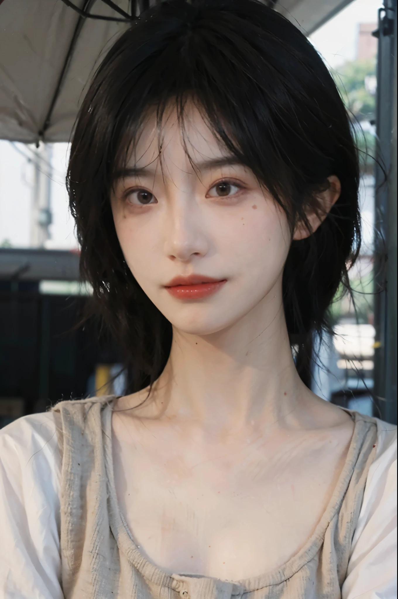 (Skin details:1.4), (smooth skin textures:1.3), Lipstick, background,海滩background, Direct vision, earrings, serene, calm, (Realistic and detailed eyes:1.2), Natural skin texture, Realistic facial details, Soft dramatic lighting, Vivid details, 35 mm film, outdoor, (Photo Practical:1.4), (hyper Practical:1.4), (Practical:1.3), (Smoother lighting:1.05), (Improve lighting quality:0.9), (Highest quality real skin textures:1.4), Exquisite eyes, Delicate face, Close-up of face, (Enhance the beauty of skin texture:1.1), Hair details, Vest,normal body ratio, short hair, Moles under the eyes, thinking, A faint smile,公园background,Portrait Photography, Depth of Field, Bokeh, Surrealism, Ray Tracing, (Portrait Photography:1.1), Surrealism, High Detail, Chiaroscuro, Ray Tracing, reflected light, Ultra HD, Ultra HD, masterpiece, Textured Skin, Super Detail, High Detail, high quality, best quality