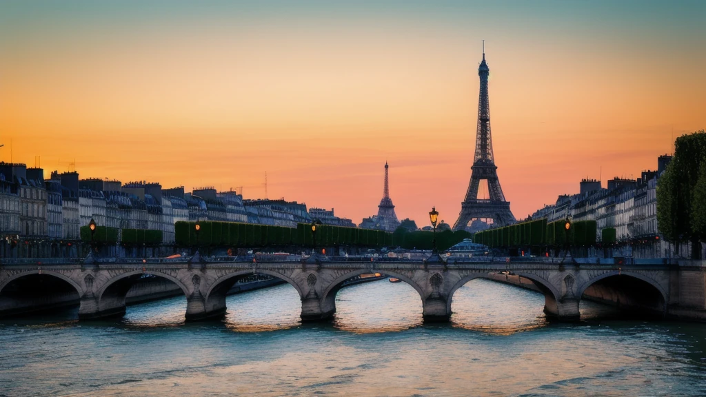 RAW photo of a landscape, small details, photorealistic, ultra-realistic photo, 8k uhd, dslr, soft lighting, high quality, film grain, Fujifilm XT3, (masterpiece), vibrant teal orange color, an urban landscape centered around the Eiffel Tower, showcasing the Seine River flowing through Paris at sunset. The iconic Eiffel Tower stands prominently in the scene, illuminated by the warm hues of teal and orange in the sky as the sun sets. Surrounding the tower are other famous landmarks such as Grande Mosquée de Paris and the ornate Pont Alexandre III. The city lights twinkle and reflect off the water, adding to the vibrant atmosphere. Boats, including Bateaux Mouches, glide along the river, while pedestrians enjoy the serene beauty of the Parisian sunset along the quais.