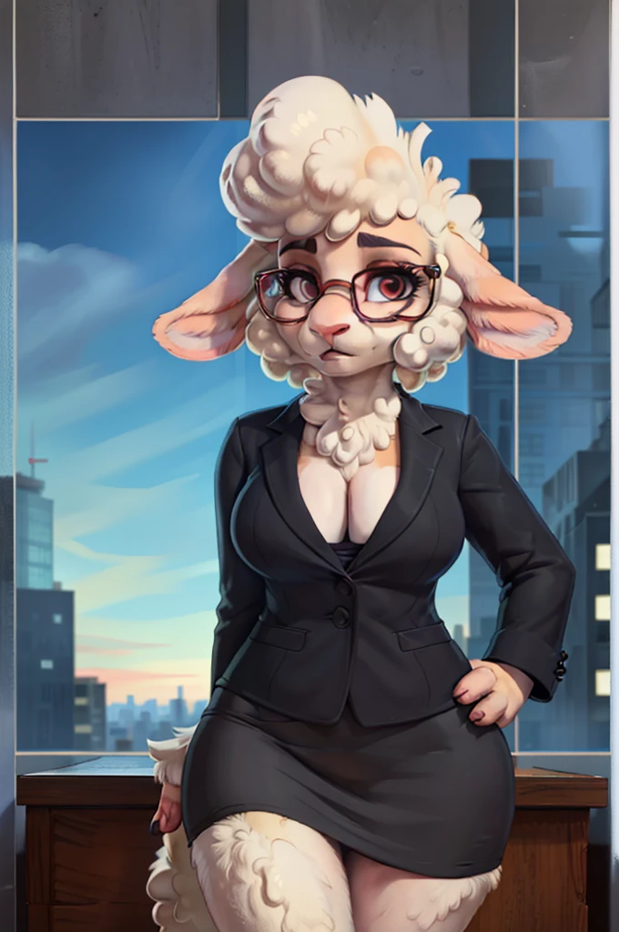 [Uploaded to e621.net; (Foxovh), (Pixelsketcher), (mayosplash), (sidenart)], ((masterpiece)), ((HD)), ((High res)), ((solo portrait)), ((full body)), ((front view)), ((furry; anthro sheep)), ((detailed fur)), ((cel shading)), ((detailed shading)), ((beautiful render art)), {(anthro sheep), (white fluffy fur), (sheep ears), (fluffy tail), (half-closed maroon eyes), (long eyelashes), (medium breasts), (curvy hips), (beautiful legs), (intimidating glare)}, {(black blazer), (cleavage), (black pencil skirt)}, {(standing), (holding glasses on face), (looking at viewer)}, [background; (office), (desk), (window), (clouds in sky), (blue sky), (ambient lighting)]