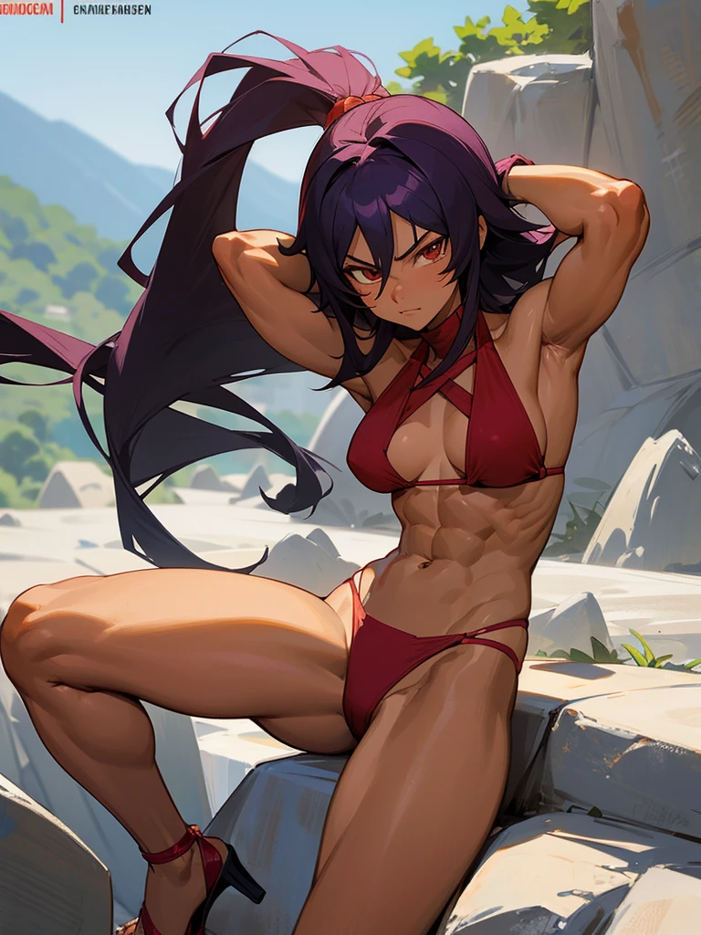 18 year old Yoruichi Shihōin from Bleach with tanned skin in a red thong bikini flexing her muscles with her hands behind her head so they are not visible to pridefully show off her rock hard abs and sitting on her heels on a mountain ledge, highly detailed 