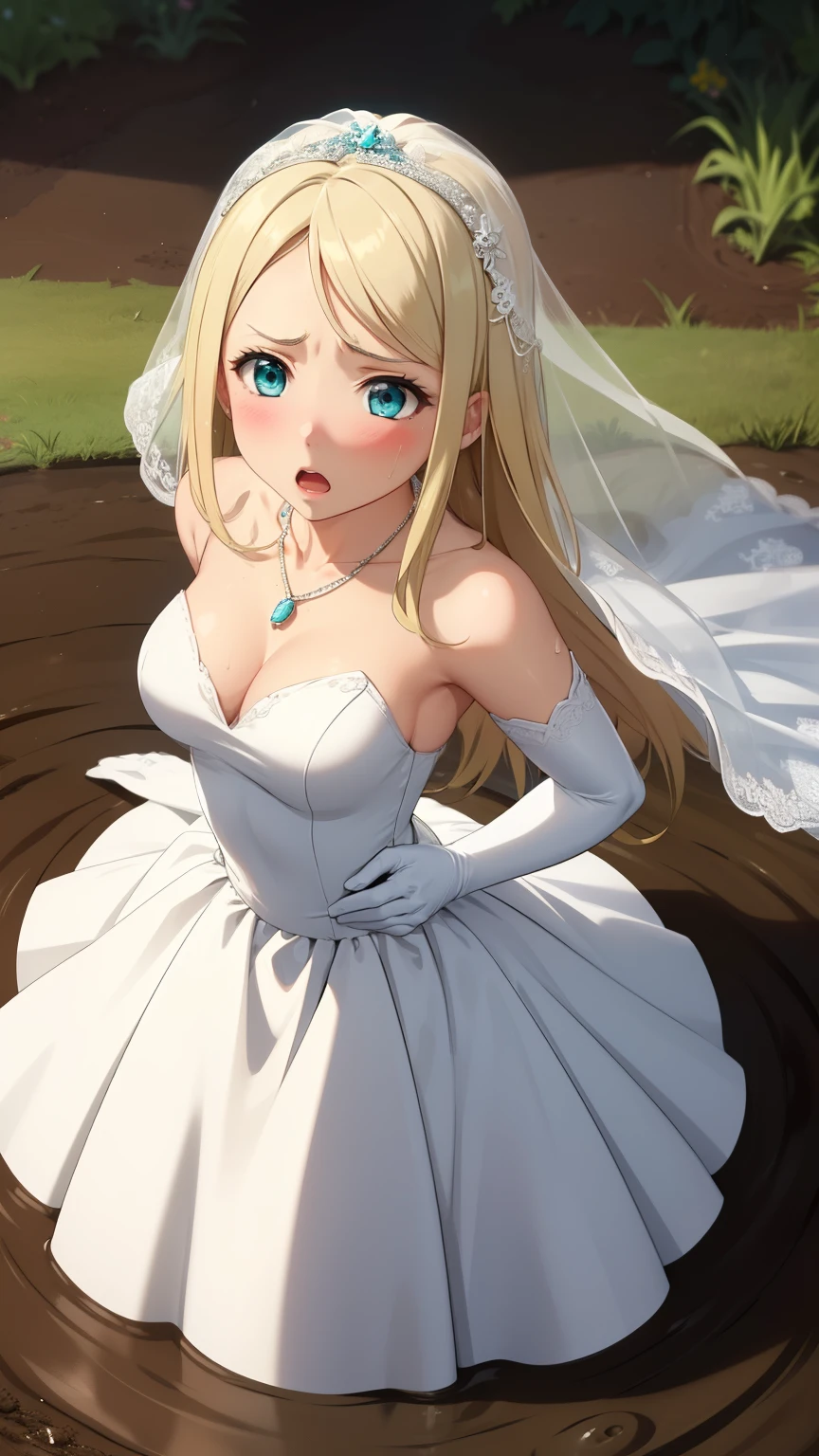 masterpiece, best quality, highly detailed, ultra high res, ayase arisa, 1girl, solo, hair ornament, long blonde hair, glossy lips, medium breasts, eyes closed, tears on cheeks, wedding dress, elbow gloves, necklace, (dungeon, jail cell), standing, (chains)
