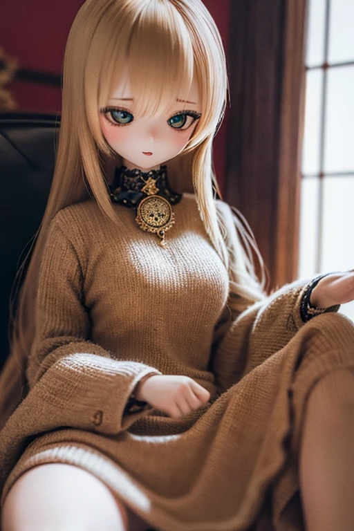 photorealistic, realistic photo, ((highest quality)), ((masterpiece)), (extremely detailed), kukolnydom, doll, (mature woman:1.6), solo, sitting on sofa, green eyes, (reclining on sofa, looking away, blank eyes, empty eyes, detailed eyes:1.3), (light smile), dress, museum, 8k