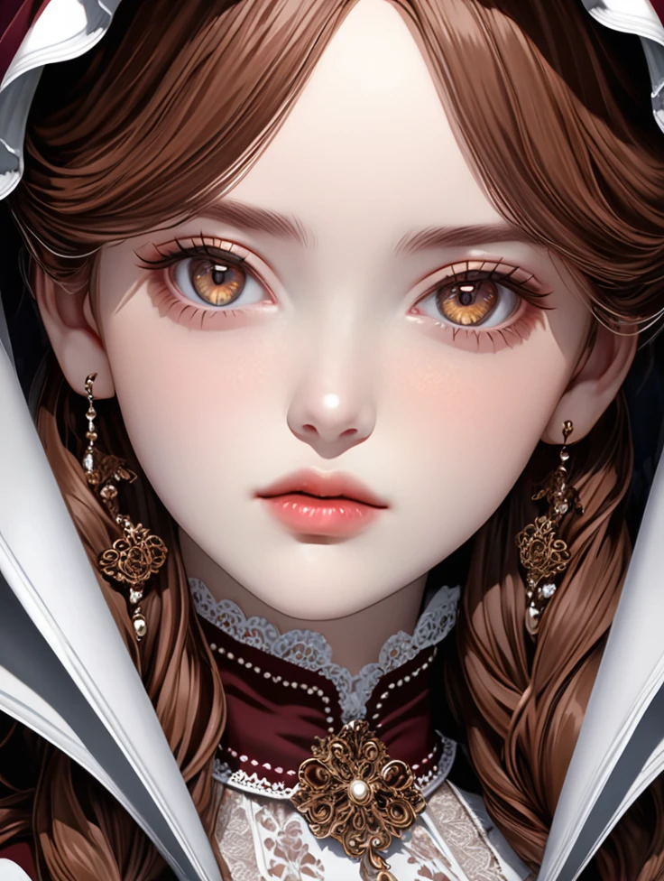 Uma garota de アニメ detalhada e de alta qualidade, with long, loose reddish-brown hair, with white tips and side bangs, reddish brown eyes e white right eye, cold stare e oblíquo, elegant clothes in the style of the Victorian era according to the photo, skin clear as the moon, 1girl,アニメ , face detailed, beautiful detailed eyes, beautiful detailed lips, extremely detailed eye and face, long eyelashes, Reddish brown hair, white hair ends, reddish brown eyes, white right eye, slanted eyes, cold stare, victorian era dress, Porcelain Skin, Kuroshitsuji Estilo, best qualityer, 4K, 8K, high resolution, Masterpiece artwork: 1.2, ultradetailed, realisitic, fotorrealisitic, fotorrealisitic: 1.37, HDR, uhd, studio lighting, ultra-fine painting, sharp focus, Physically based rendering, extreme detailed description, proffesional, bright coloured, bokeh