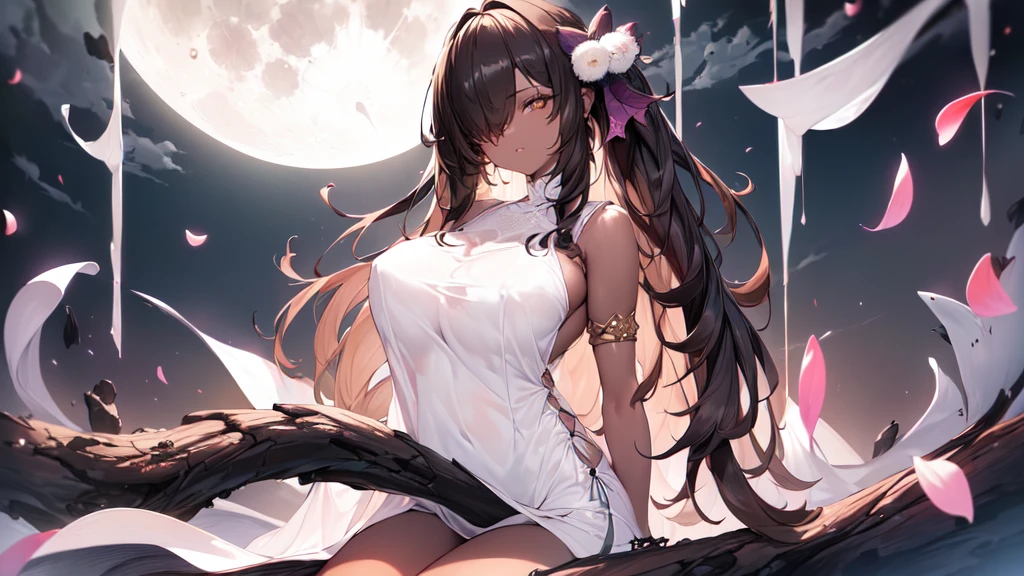 ((((Obra maestra, La mejor calidad, ultrahigh resolution)))), 1girl, standing,), ((long pure brown hair, hair over eye)), long hair cut, shiny skin, ((golden eyes)), glowing_eyes, neon eyes, (ultra detailed eyes:0.7, beautiful and detailed face, detailed eyes:0.9), ((centered)), smirk, facing viewer, ((vibrant background, dark lighting, summer, sunlight)), large chested, looking at viewer, ((half closed eyes)), ((perfect hands)), (((head:1, arms, hips in view, elbows, legs, in view))), ((hands behind back)), empty eyes, beautiful lighting, ((outside, outdoors)), defined subject, head tilt, (((gritty)), ((creepy)), ((cool)), ((beautiful)), (((SFW))), hair ornament, petals in the air, moon in the sky, city, mature woman, adult woman, sfw, pink and white dress, night dress, she is a princess, gal, dark skin,