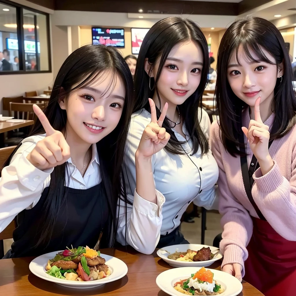 A confident smile, Taking a photo at a family restaurant,They seem to enjoy themselves,短いBlack Hair, Brown eyes,Brown Skin,2 students、Use a gesture commonly associated with the peace sign while speaking (Tele from the restaurant), skirt, Black Hair, indoor, meal, shirt, ((((Complete faithful finger))))