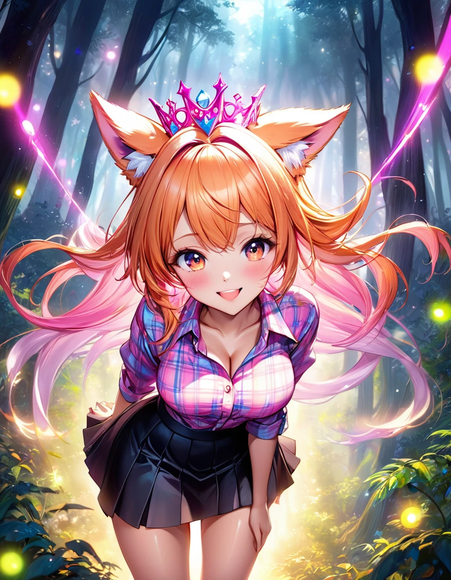 High angle view of an exuberant girl sexy big tits decote atraente Pamela Anderson com asas Angel pink neon brilhantes, her espetado com gel cut orange hair adorned with shiny bangs and eyes sparkling with diamonds magic, smile revealing the joy of her soul, wearing a flannel shirt and skirt, her head crowned with playful wolf ears, standing amidst an enchantingly mystical forest, envision this scene as anime created in the style of a digital oil painting, lights gently seeping through the cinematic mist and splayed across this eth