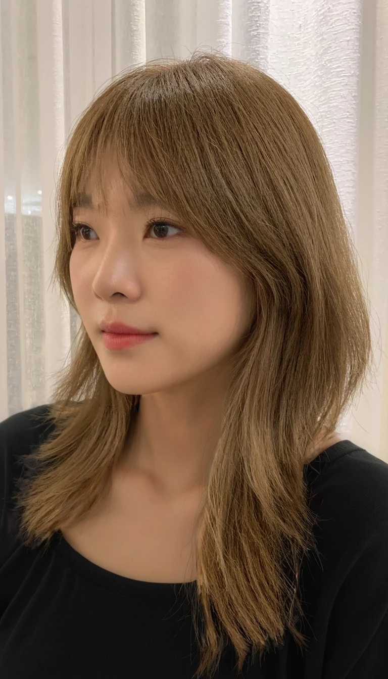 Best Quality, 8k, Masterpiece, (Portrait: 1.3), (photo realistic:1.4), (hyper realistic:1.4), Sharp Focus, looking at viewer, (smoother lighting:1.1), (increase cinematic lighting quality:0.9), realistic lighting, backlighting, light on face, ray trace, (brightening light:1.2), (Increase quality:1.4), sharp detail, (best quality real texture skin:1.4), finely detailed eyes, black_eyes, finely detailed face, 25 year old Korean woman, (gray off-shoulder_shirt:1.4), (Create an image maintaining the original base model hairstyle:1.5)