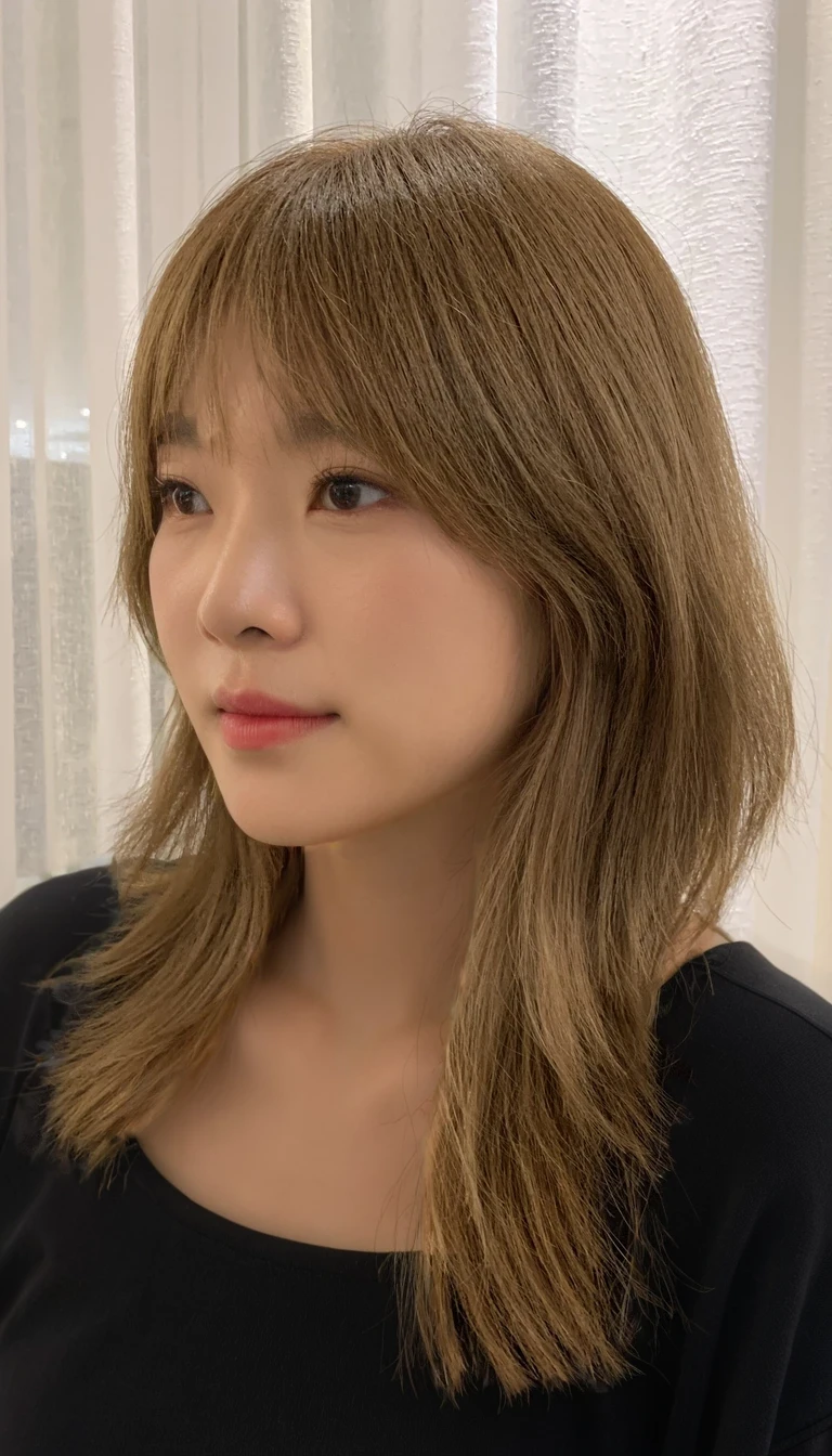 Best Quality, 8k, Masterpiece, (Portrait: 1.3), (photo realistic:1.4), (hyper realistic:1.4), Sharp Focus, looking at viewer, (smoother lighting:1.1), (increase cinematic lighting quality:0.9), realistic lighting, backlighting, light on face, ray trace, (brightening light:1.2), (Increase quality:1.4), sharp detail, (best quality real texture skin:1.4), finely detailed eyes, black_eyes, finely detailed face, 25 year old Korean woman, (gray off-shoulder_shirt:1.4), (Create an image maintaining the original base model hairstyle:1.5)