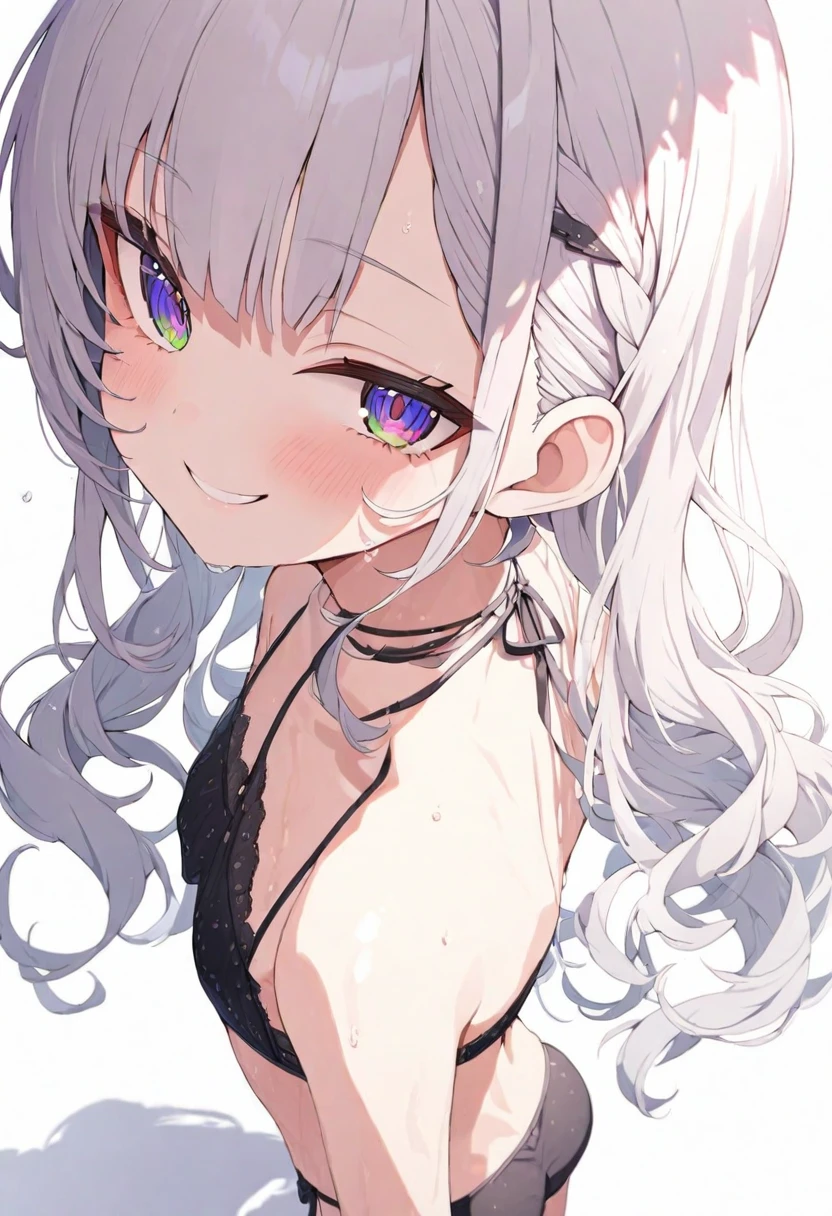 (muste piece), (best quality), very detailed eyes, expressive eyes, perfect face, very detailed face, highly detailed face, beautiful girl, 8K, beautiful girl, white background, delicate and beautiful face and eyes, dark intense shadow, 1 girl, vtuber style, cool girl, hololive,Murasaki Shion, bikini, wet body, back, back to viewer, ass, lower body, small chest, cropped shoulders, clavicle, one eye close winking, smile, body visible through clothes, chest visible through clothes, (full body), standing,