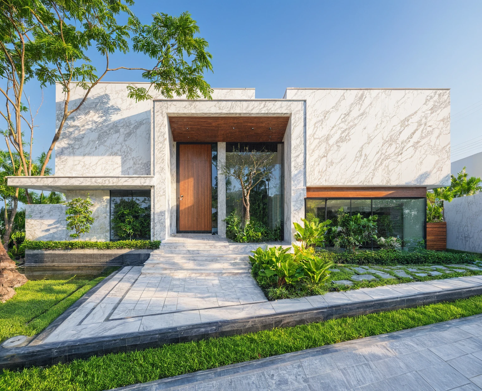 masterpiece, best quality, exterior design, single 1 storie modern house on the Vietnam village, modern marble and white walls facade, minimalist modern style, green shrubs and tropical tree background, natural light, clear sky morning background, large door and windows,