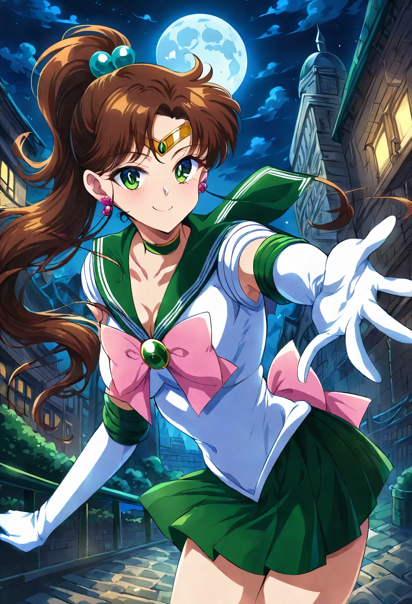 (masterpiece, best quality, very aesthetic, ultra detailed), intricate details, 4k, aajupiter, long hair, brown hair, ponytail, hair bobbles, tiara, earrings, green eyes, green choker, green sailor collar, pink bowtie, white shirt, elbow gloves, white gloves, green skirt, pleated skirt, bare legs, standing, cowboy shot, outdoors, night, moon, city, building, reaching out, smile