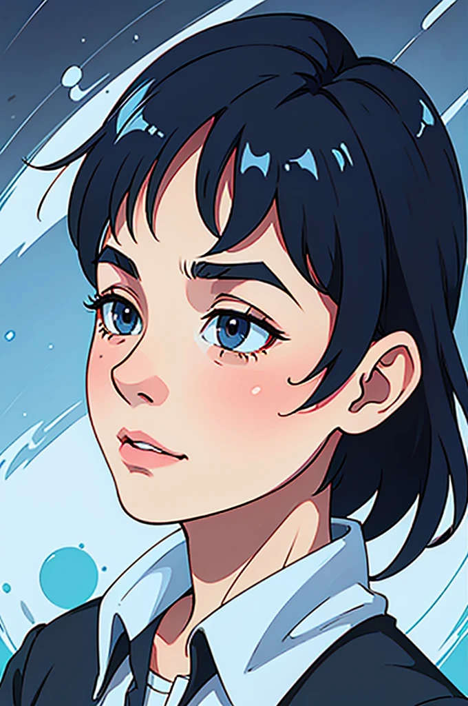 best quality ,ultra detailed, realistic :1.37 , side view portrait of boy having cool vibes abstract background ,blue[background],anime comic verison, nft make all [photo ] same