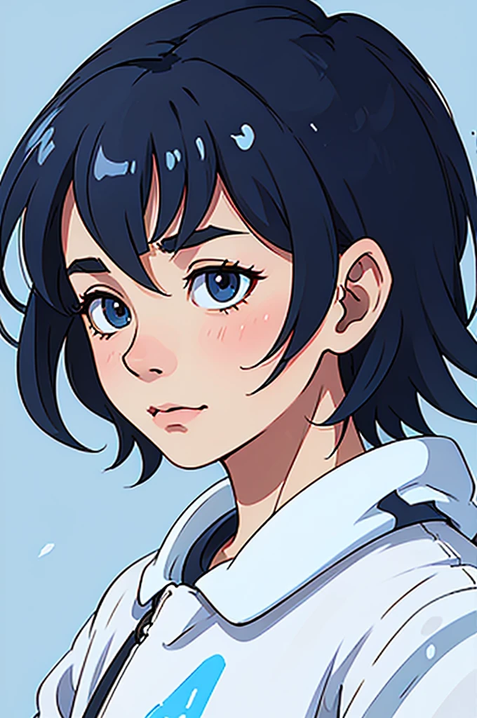 best quality ,ultra detailed, realistic :1.37 , side view portrait of boy having cool vibes abstract background ,blue[background],anime comic verison, nft make all [photo ] same