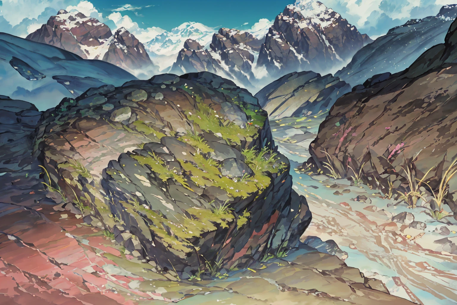 summer, rocky area, rock formation, (illustration : 1.0), Narrative composition, realistic lighting, HD detail, masterpiece, best quality best, (Highly detailed CG integrated 8k wallpaper), wide and flat rocky area, A small, sharp, rough rock at the top of the screen.