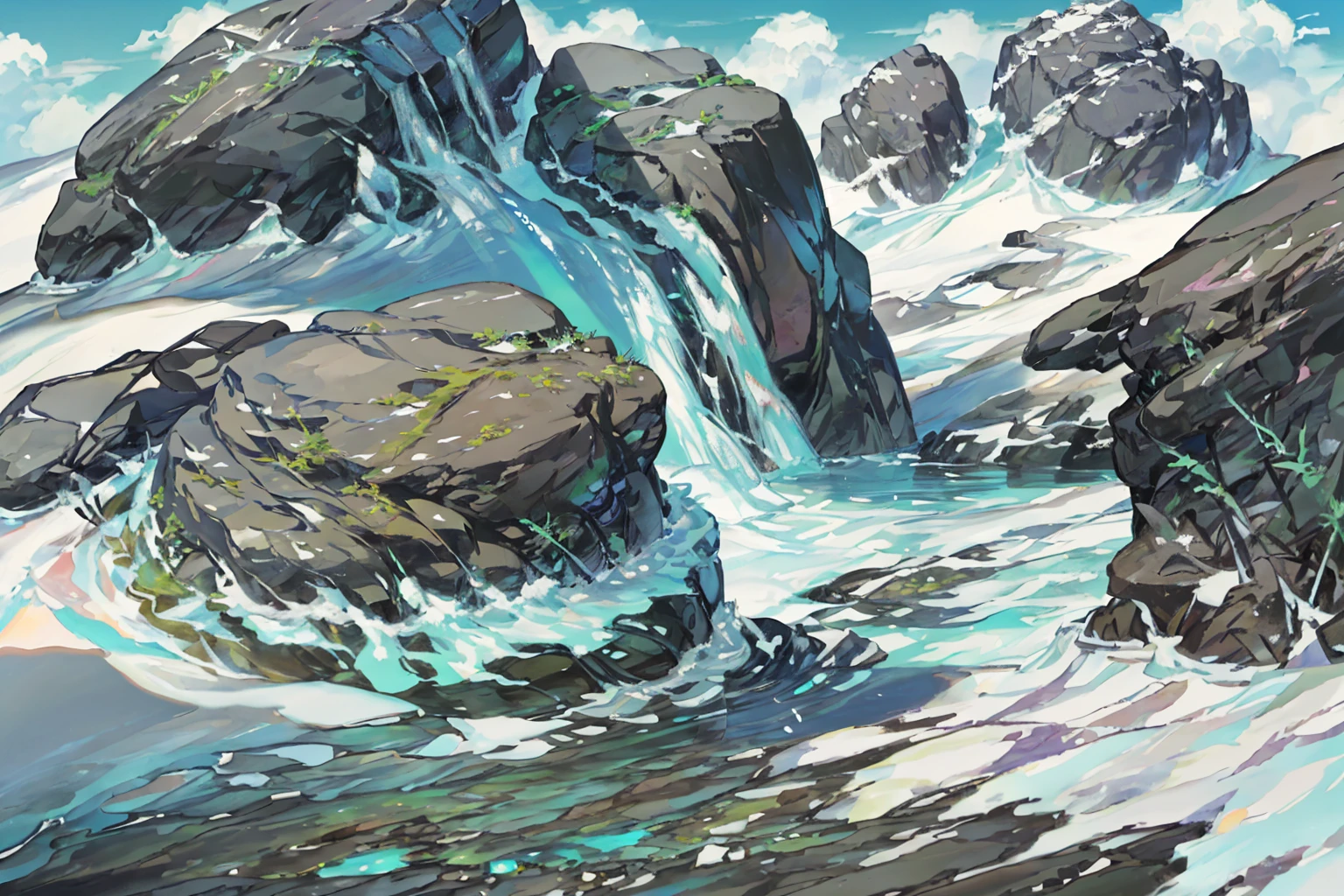 summer, rocky area, rock formation, (illustration : 1.0), Narrative composition, realistic lighting, HD detail, masterpiece, best quality best, (Highly detailed CG integrated 8k wallpaper), wide and flat rocky area, A small, sharp, rough rock at the top of the screen.