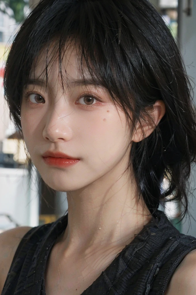 (Skin details:1.4), (smooth skin textures:1.3), Lipstick, background,海滩background, Direct vision, earrings, serene, calm, (Realistic and detailed eyes:1.2), Natural skin texture, Realistic facial details, Soft dramatic lighting, Vivid details, 35 mm film, outdoor, (Photo Practical:1.4), (hyper Practical:1.4), (Practical:1.3), (Smoother lighting:1.05), (Improve lighting quality:0.9), (Highest quality real skin textures:1.4), Exquisite eyes, Delicate face, Close-up of face, (Enhance the beauty of skin texture:1.1), Hair details, Vest,normal body ratio, short hair, Moles under the eyes, thinking, A faint smile,公园background,Portrait Photography, Depth of Field, Bokeh, Surrealism, Ray Tracing, (Portrait Photography:1.1), Surrealism, High Detail, Chiaroscuro, Ray Tracing, reflected light, Ultra HD, Ultra HD, masterpiece, Textured Skin, Super Detail, High Detail, high quality, best quality