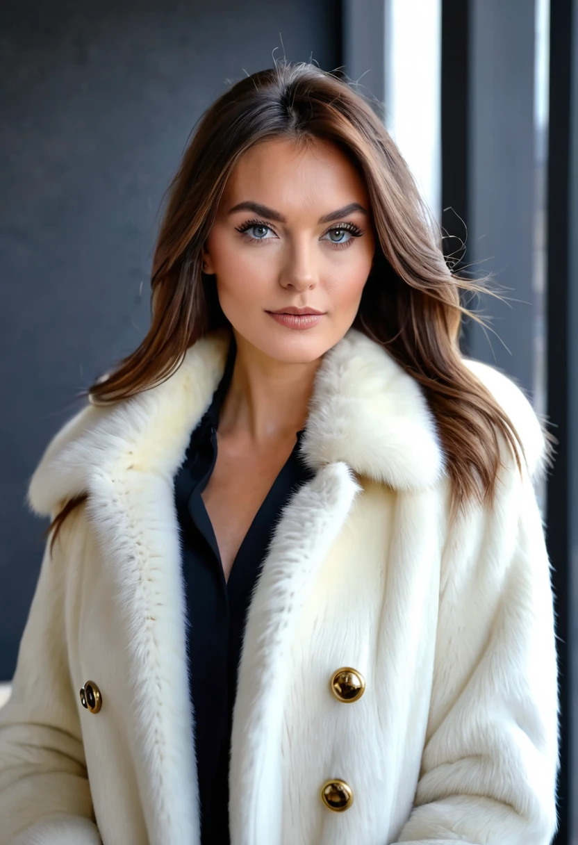 Femme américaine de 29 ans, portrait, Vêtu d'un manteau de fourrure en vison blanc, très épais, fond de bureau de luxe, longs cheveux brossés ambrés avec une longue frange sur les yeux, Professionnel, 4K, objectif 24 mm, face à une vue de trois quarts,