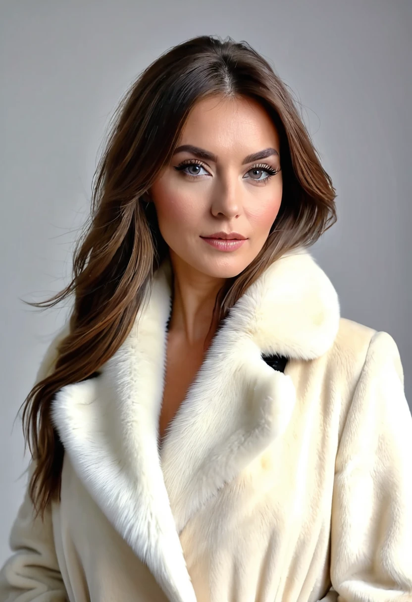 Femme américaine de 29 ans, portrait, Vêtu d'un manteau de fourrure en vison blanc, très épais, fond de bureau de luxe, longs cheveux brossés ambrés avec une longue frange sur les yeux, Professionnel, 4K, objectif 24 mm, face à une vue de trois quarts,