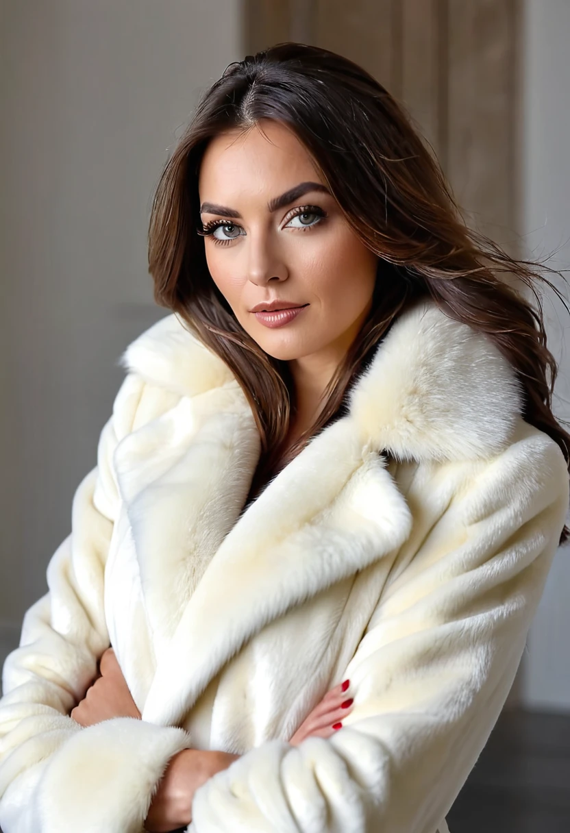 Femme américaine de 29 ans, portrait, Vêtu d'un manteau de fourrure en vison blanc, très épais, fond de bureau de luxe, longs cheveux brossés ambrés avec une longue frange sur les yeux, Professionnel, 4K, objectif 24 mm, face à une vue de trois quarts,