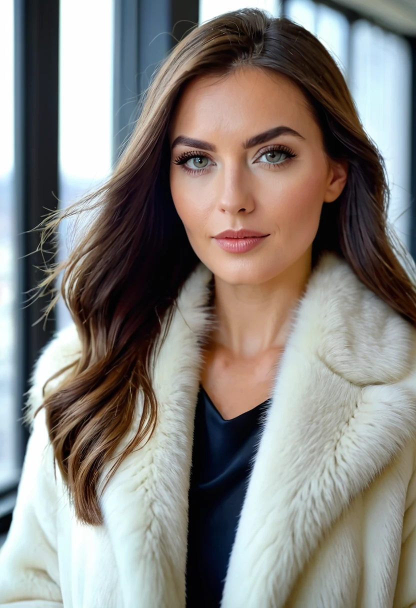 Femme américaine de 29 ans, portrait, Vêtu d'un manteau de fourrure en vison blanc, très épais, fond de bureau de luxe, longs cheveux brossés ambrés avec une longue frange sur les yeux, Professionnel, 4K, objectif 24 mm, face à une vue de trois quarts,
