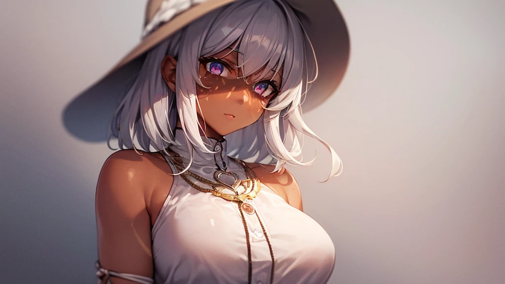 Highest quality, 8K, 4K, High resolution, High Contrast,  The upper body is visible,1girl,only,Beautiful silver hair,Medium Hair,(Beautifully detailed face),Red, clear eyes,Upper Eye,She has big breasts,２０generation, (((Dark skinned women, Sunburned)))