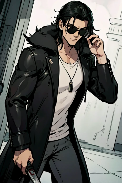 A tall muscular black haired man with sunglasses and a long leather coat and a cool shirt is spinning his blade in a creepy castle