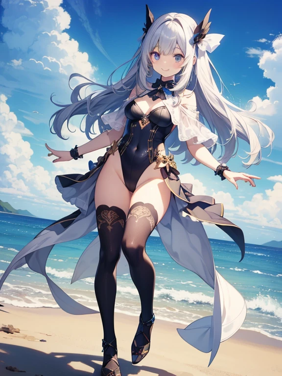 ((2D beautiful girl、top-quality:1.1、perfect fingers:1.1、perfect anatomia:1.1、Beautiful illustration))、cute petit girl、(transform sequence)、((White leotard))、12year old、a junior high school student、Fractal Art、baby-face、((stright long hair))、beatiful detailed eyes、Show your teeth and have the best smile、(Full body depiction)、(1 persons)、(magician leotard)、blue sky magic show、