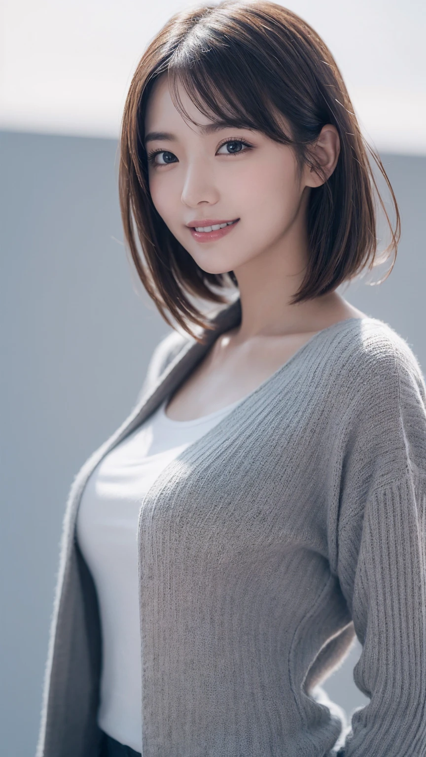 One Girl, (Wear trendy fashion:1.2), (RAW Photos, Highest quality), (Realistic, Realistic:1.4), Tabletop, Very delicate and beautiful, Very detailed, 2k wallpaper, wonderful, In detail, Very detailedな CG Unity 8K 壁紙, Very detailedな, High resolution, Soft Light, Beautiful detailed girl, Looking into the camera、Very detailedな目と顔, Beautiful and sophisticated nose, Beautiful details, short hair, small, Grey clothes、White Background、Background is white、Cinema Lighting, Perfect Anatomy, Glamour, smile,
