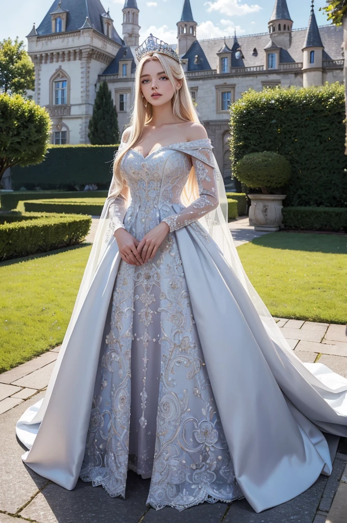 masterpiece, highres, high detailed, intricate details, depth of field, 1 girl, queen, big royal crown, full body,Coronation Gown, queen dress, Evening Gown, outdoor background. The background is a luxurious castle, mildly clouds, best sunlight. There are 2 long flower beds besides the path, queen is standing on the path. Her face is gorgeous, beautiful, confident. She wears a lot of luxury jelweries and holds her gown. She has blue eyes, platinum blonde long shining hair. Behind her is the castle.
