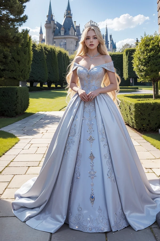 masterpiece, highres, high detailed, intricate details, depth of field, 1 girl, queen, big royal crown, full body,Coronation Gown, queen dress, Evening Gown, outdoor background. The background is a luxurious castle, mildly clouds, best sunlight. There are 2 long flower beds besides the path, queen is standing on the path. Her face is gorgeous, beautiful, confident. She wears a lot of luxury jelweries and holds her gown. She has blue eyes, platinum blonde long shining hair. Behind her is the castle.