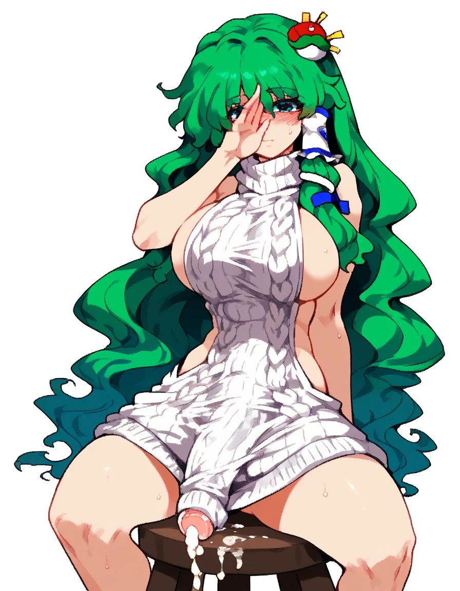 Expressive, score_9, score_8_up, score_9_up, Touhou, masterpiece, high quality, highly detailed, 1girl, kochiya sanae, solo, green hair, long hair, green eyes, long hair, big breasts, blush, round breasts,,,,,, frog hair ornament, hair tubes, snake hair ornament,,,, thin waist, sit on stool, white background,, virgin killer sweater, futanari, big penis under clothes, cum, she covering own eyes with palms
