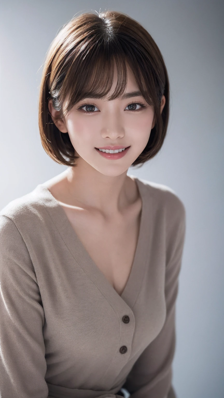 One Girl, (Wear trendy fashion:1.2), (RAW Photos, Highest quality), (Realistic, Realistic:1.4), Tabletop, Very delicate and beautiful, Very detailed, 2k wallpaper, wonderful, In detail, Very detailedな CG Unity 8K 壁紙, Very detailedな, High resolution, Soft Light, Beautiful detailed girl, Looking into the camera、Very detailedな目と顔, Beautiful and sophisticated nose, Beautiful details, short hair, small, Grey clothes、White Background、Background is white、Cinema Lighting, Perfect Anatomy, Glamour, smile,