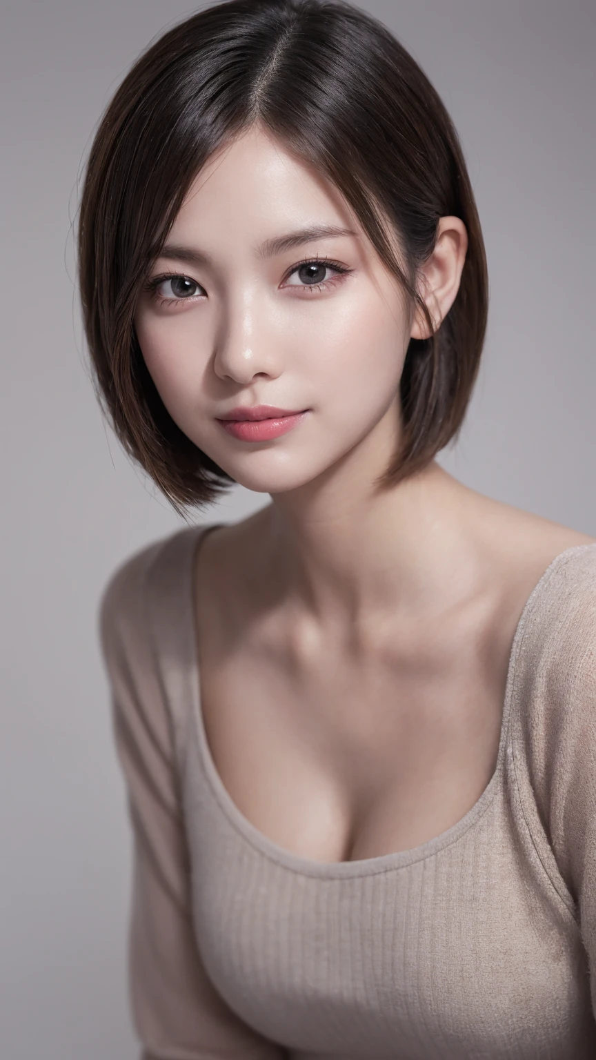 One Girl, (Wear trendy fashion:1.2), (RAW Photos, Highest quality), (Realistic, Realistic:1.4), Tabletop, Very delicate and beautiful, Very detailed, 2k wallpaper, wonderful, In detail, Very detailedな CG Unity 8K 壁紙, Very detailedな, High resolution, Soft Light, Beautiful detailed girl, Looking into the camera、Very detailedな目と顔, Beautiful and sophisticated nose, Beautiful details, short hair, small, Grey clothes、White Background、Background is white、Cinema Lighting, Perfect Anatomy, Glamour, smile,