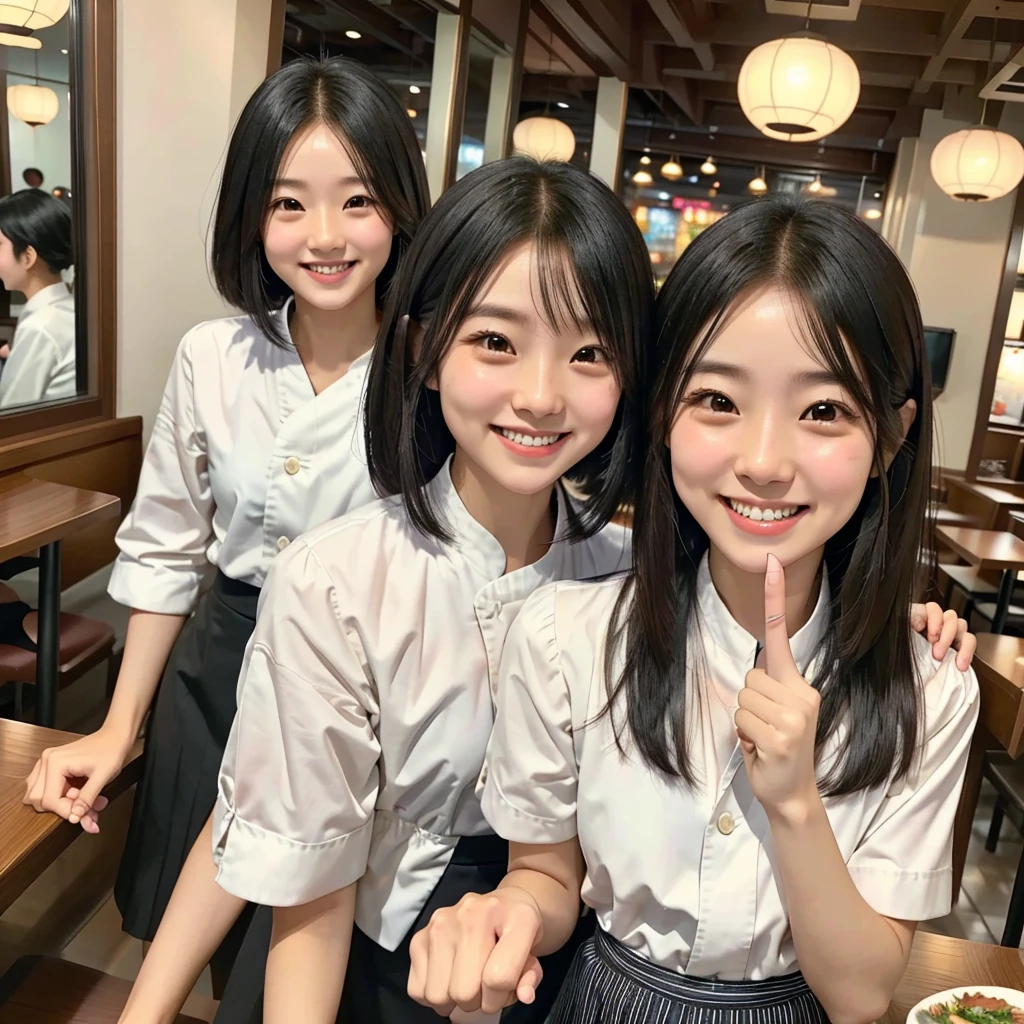 A confident smile, Taking a photo at a family restaurant,They seem to enjoy themselves,短いBlack Hair, Brown eyes,Brown Skin,2 students、Use a gesture commonly associated with the peace sign while speaking (Tele from the restaurant), skirt, Black Hair, indoor, meal, shirt, ((((Complete faithful finger))))