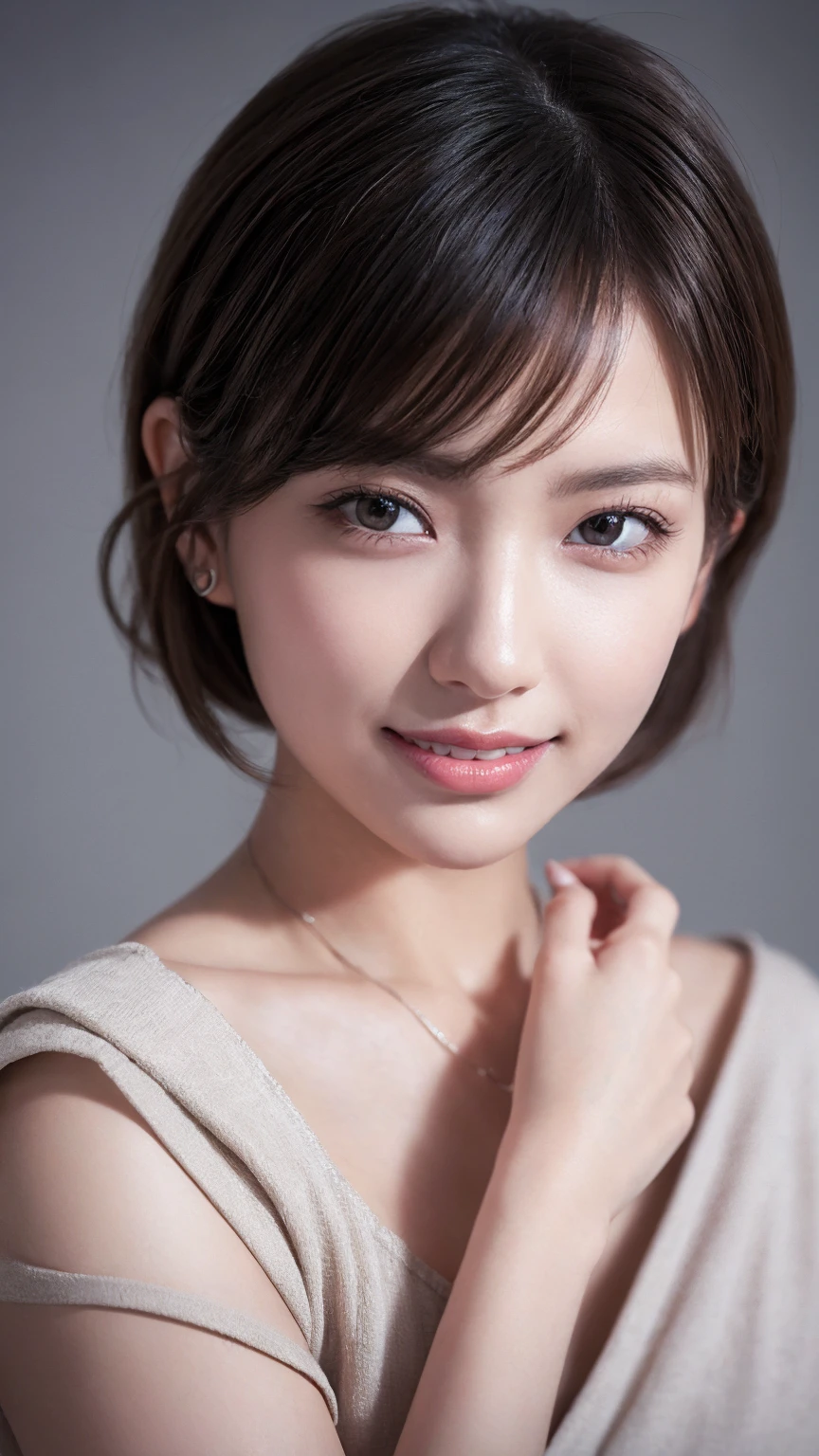 One Girl, (Wear trendy fashion:1.2), (RAW Photos, Highest quality), (Realistic, Realistic:1.4), Tabletop, Very delicate and beautiful, Very detailed, 2k wallpaper, wonderful, In detail, Very detailedな CG Unity 8K 壁紙, Very detailedな, High resolution, Soft Light, Beautiful detailed girl, Looking into the camera、Very detailedな目と顔, Beautiful and sophisticated nose, Beautiful details, short hair, small, Grey clothes、White Background、Background is white、Cinema Lighting, Perfect Anatomy, Slender body, smile,