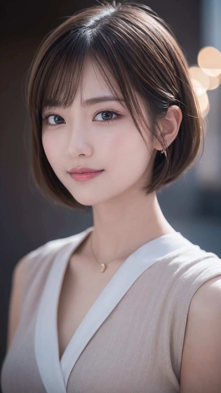 One Girl, (Wear trendy fashion:1.2), (RAW Photos, Highest quality), (Realistic, Realistic:1.4), Tabletop, Very delicate and beautiful, Very detailed, 2k wallpaper, wonderful, In detail, Very detailedな CG Unity 8K 壁紙, Very detailedな, High resolution, Soft Light, Beautiful detailed girl, Looking into the camera、Very detailedな目と顔, Beautiful and sophisticated nose, Beautiful details, short hair, small, Grey clothes、White Background、Background is white、Cinema Lighting, Perfect Anatomy, Glamour, smile, 