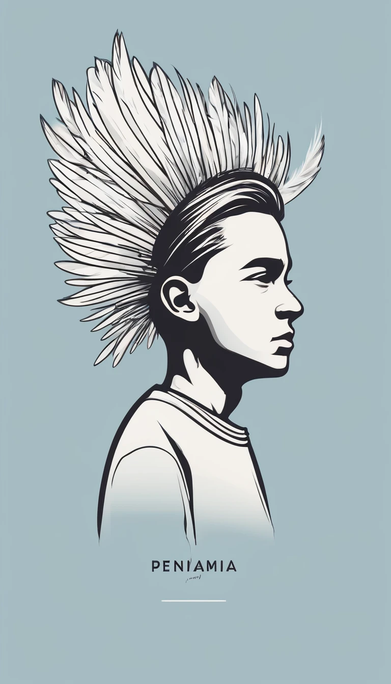 A minimal, modern, simple, cinematic logotype of a boy with a head full of feathers for the brand “Penamemoria" .