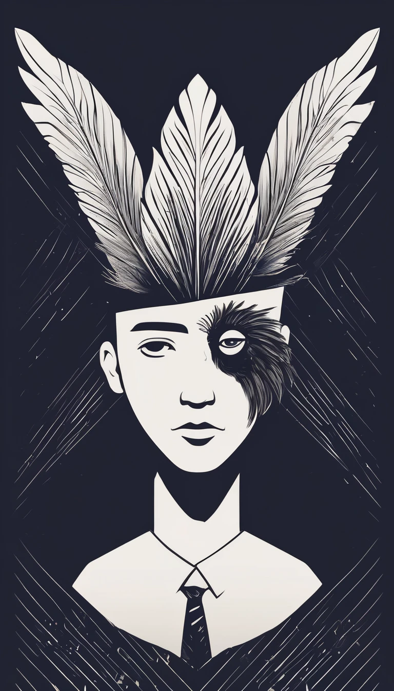 A minimal, modern, simple, cinematic logotype of a boy with a head full of feathers for the brand “Penamemoria" .