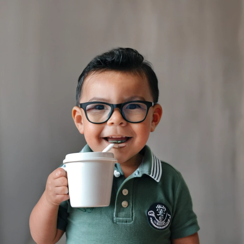 A closeup raw professional photograph of a happy 3-year-old boy up to the chest line, captured with a Fujifilm XT3 DSLR camera. The boy has black hair cut in a military style, wears glasses, and dons a polo shirt. He is holding a white porcelain cup of steaming hot coffee. The image features ultra details and ultra realism, highlighting the texture and expressions with exceptional clarity., gutto2024abr 