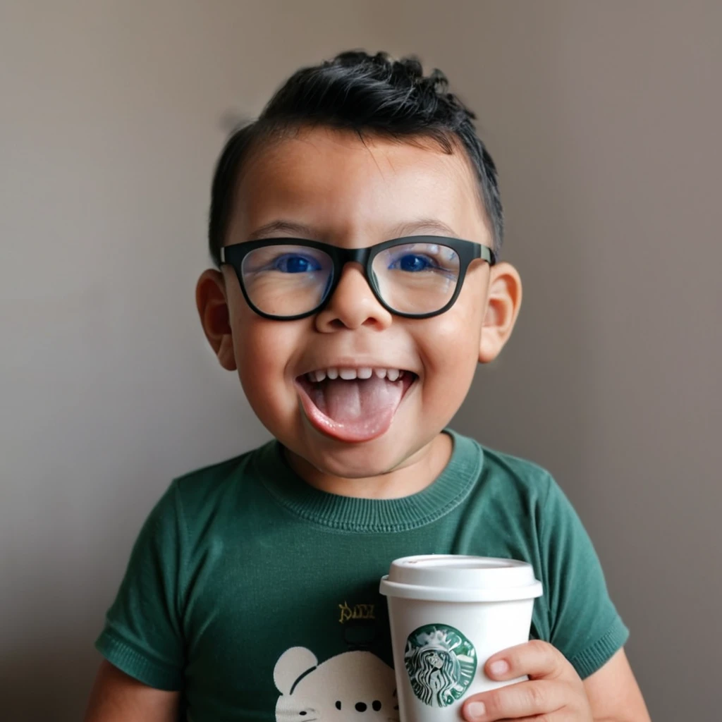 A closeup raw professional photograph of a happy 3-year-old boy up to the chest line, captured with a Fujifilm XT3 DSLR camera. The boy has black hair cut in a military style, wears glasses, and dons a polo shirt. He is holding a white porcelain cup of steaming hot coffee. The image features ultra details and ultra realism, highlighting the texture and expressions with exceptional clarity., gutto2024abr 