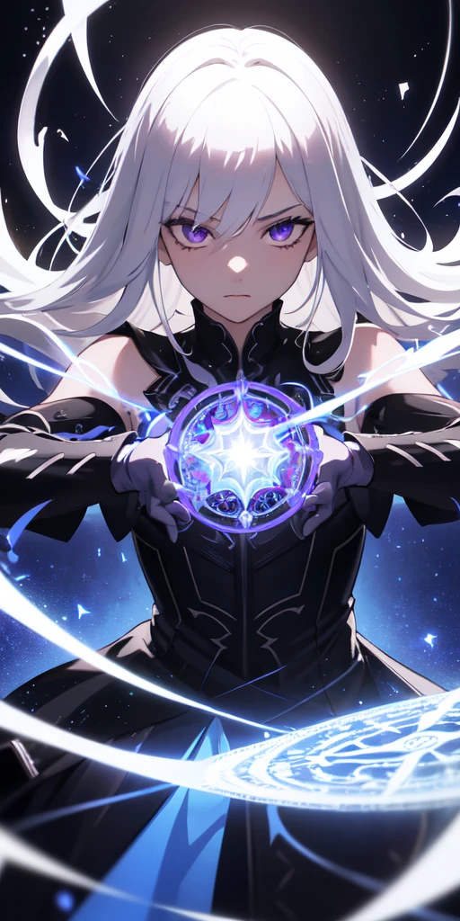 (masterpiece, best quality, ultra-detailed, best shadow), (detailed background,dark fantasy), (beautiful detailed face), high contrast, (best illumination, an extremely delicate and beautiful), ((cinematic light)), colorful, hyper detail, dramatic light, intricate details, (1boys, solo,white hair, sharp face,purple eyes, hair between eyes,dynamic angle), blood splatter, swirling black light around the character, depth of field,black light particles,(broken glass),magic circle,