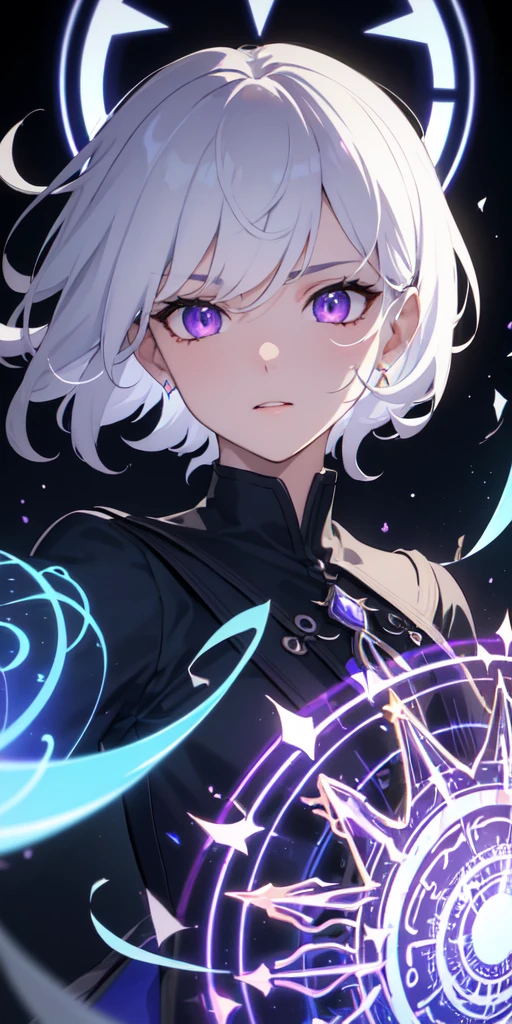 (masterpiece, best quality, ultra-detailed, best shadow), (detailed background,dark fantasy), (beautiful detailed face), high contrast, (best illumination, an extremely delicate and beautiful), ((cinematic light)), colorful, hyper detail, dramatic light, intricate details, (1boys, solo,white hair, sharp face,purple eyes, hair between eyes,dynamic angle), blood splatter, swirling black light around the character, depth of field,black light particles,(broken glass),magic circle,