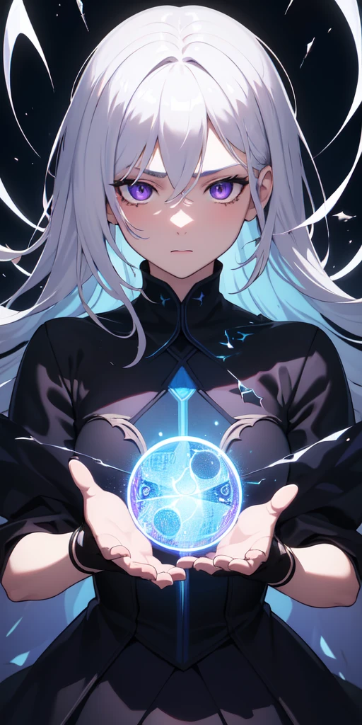 (masterpiece, best quality, ultra-detailed, best shadow), (detailed background,dark fantasy), (beautiful detailed face), high contrast, (best illumination, an extremely delicate and beautiful), ((cinematic light)), colorful, hyper detail, dramatic light, intricate details, (1boys, solo,white hair, sharp face,purple eyes, hair between eyes,dynamic angle), blood splatter, swirling black light around the character, depth of field,black light particles,(broken glass),magic circle,
