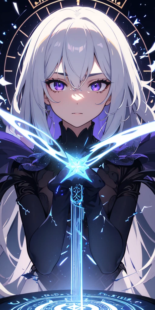 (masterpiece, best quality, ultra-detailed, best shadow), (detailed background,dark fantasy), (beautiful detailed face), high contrast, (best illumination, an extremely delicate and beautiful), ((cinematic light)), colorful, hyper detail, dramatic light, intricate details, (1boys, solo,white hair, sharp face,purple eyes, hair between eyes,dynamic angle), blood splatter, swirling black light around the character, depth of field,black light particles,(broken glass),magic circle,